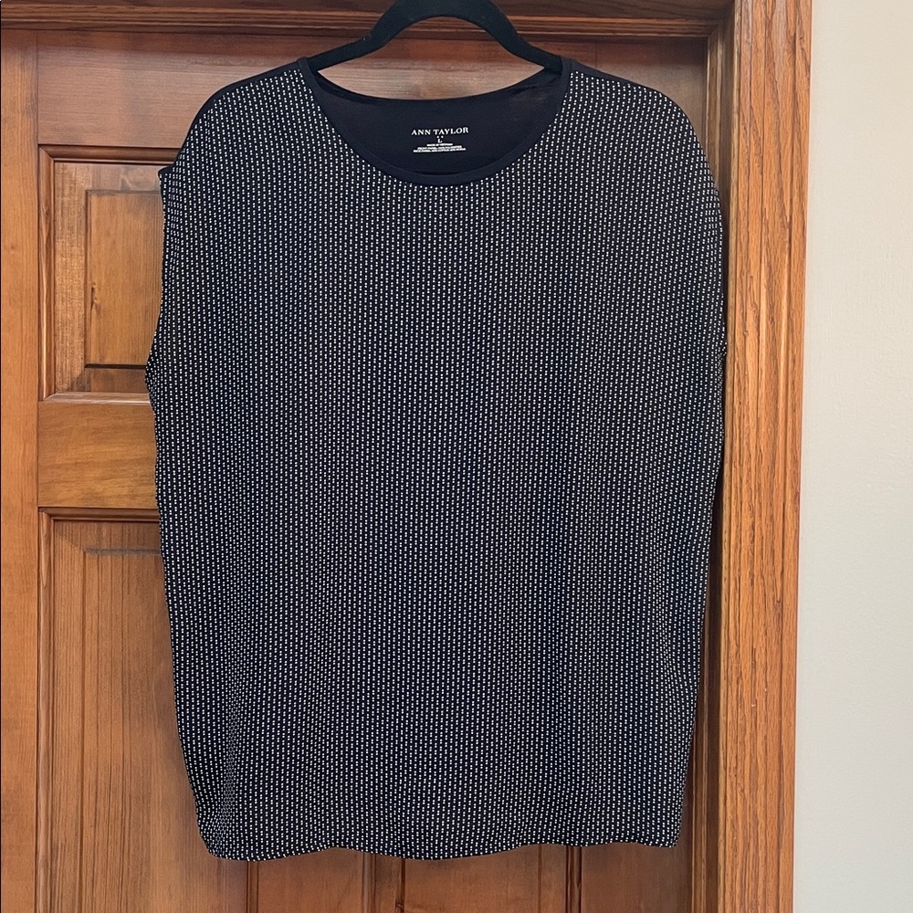 ANN TAYLOR navy and white polka dot top